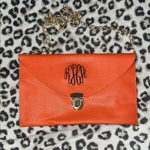 Large Vibrant Orange Monogrammed Clutch with Chain Strap